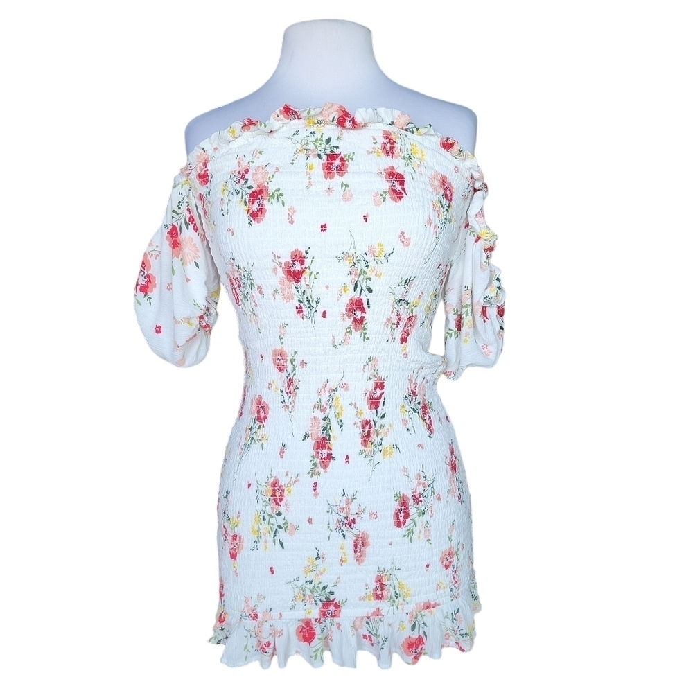 AQUA White and Pink Floral Ruched Bodycon Off Shoulder Mini Dress Women's L
